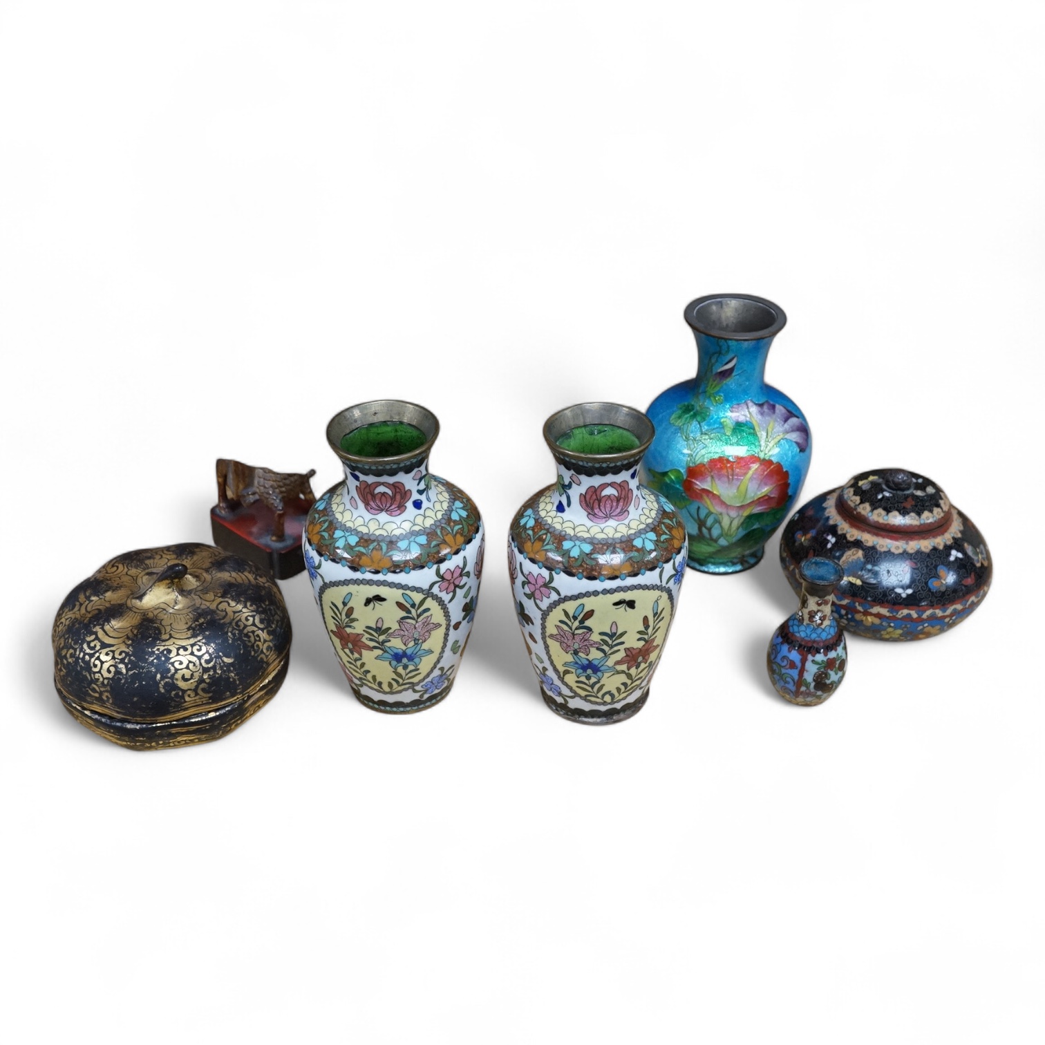 A collection of Japanese cloisonne vases, and a lacquered box, largest 12.5cm high. Condition - varies